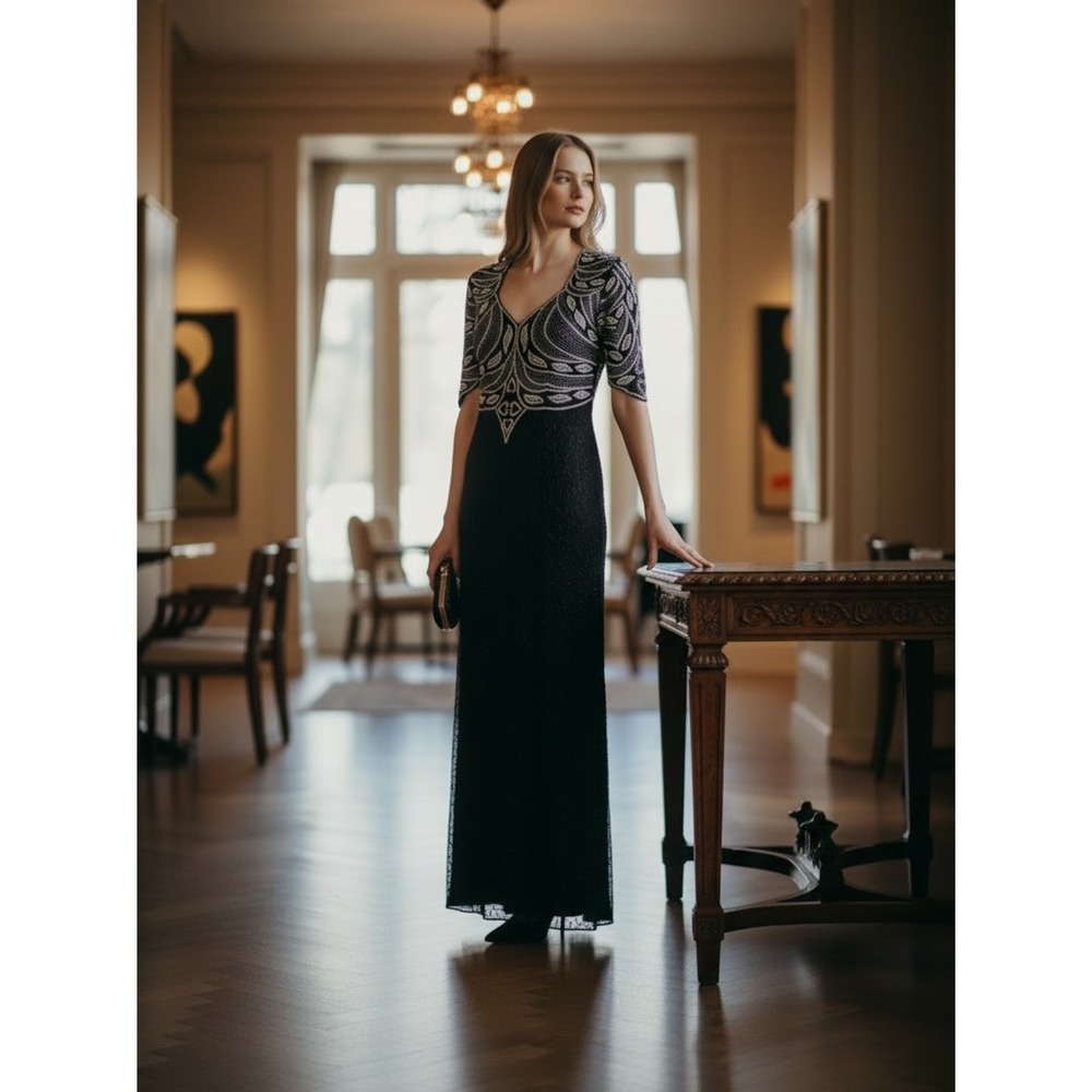 Night Vogue Vintage Black Silk Beaded Sequin Maxi Dress Art Deco Gown Womens M
